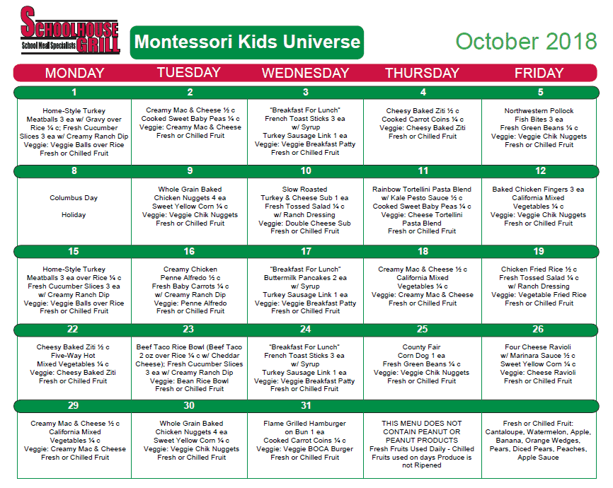 lunch menu Montessori preschool Ashburn VA