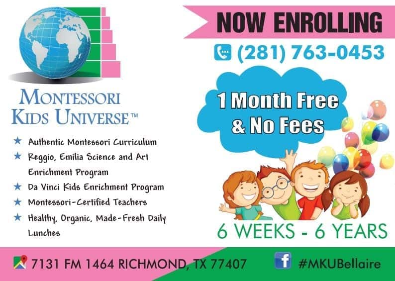 MKU Bellaire_1 Month Free_No Fees_Promo Montessori Kids Universe in Richmond TX 77407 1 month free and no fees promotion