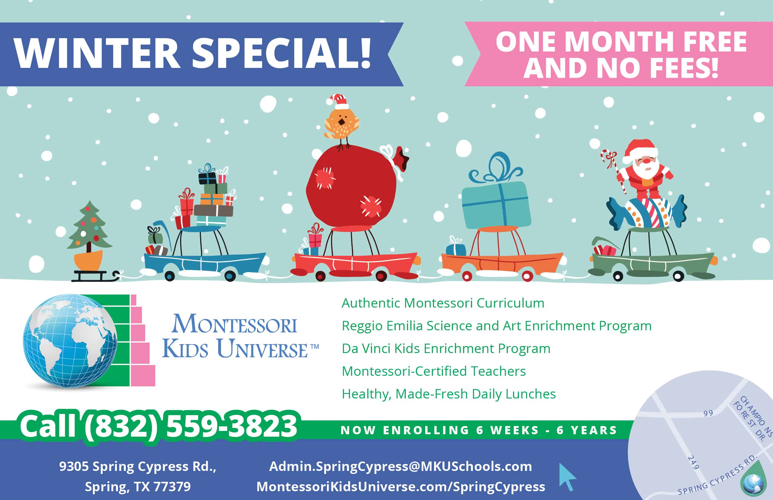 Winter Special Spring Cypress 1 month free and no fees for Montessori preschool and daycare located in Spring TX
