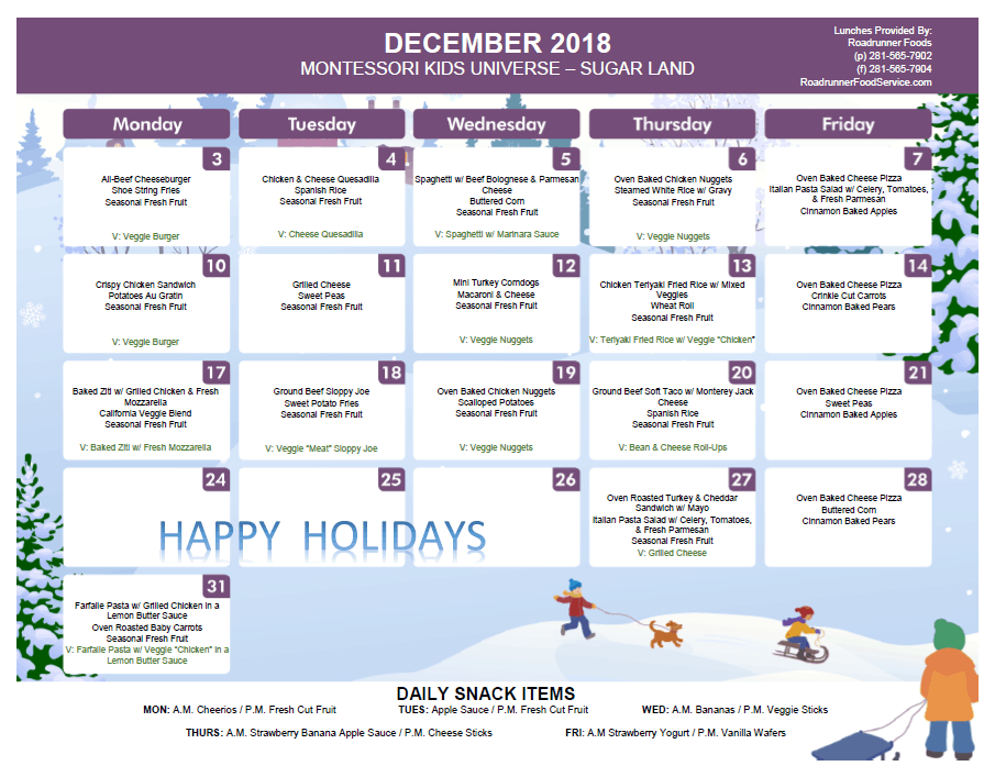 Preschool lunch menu Sugar Land TX